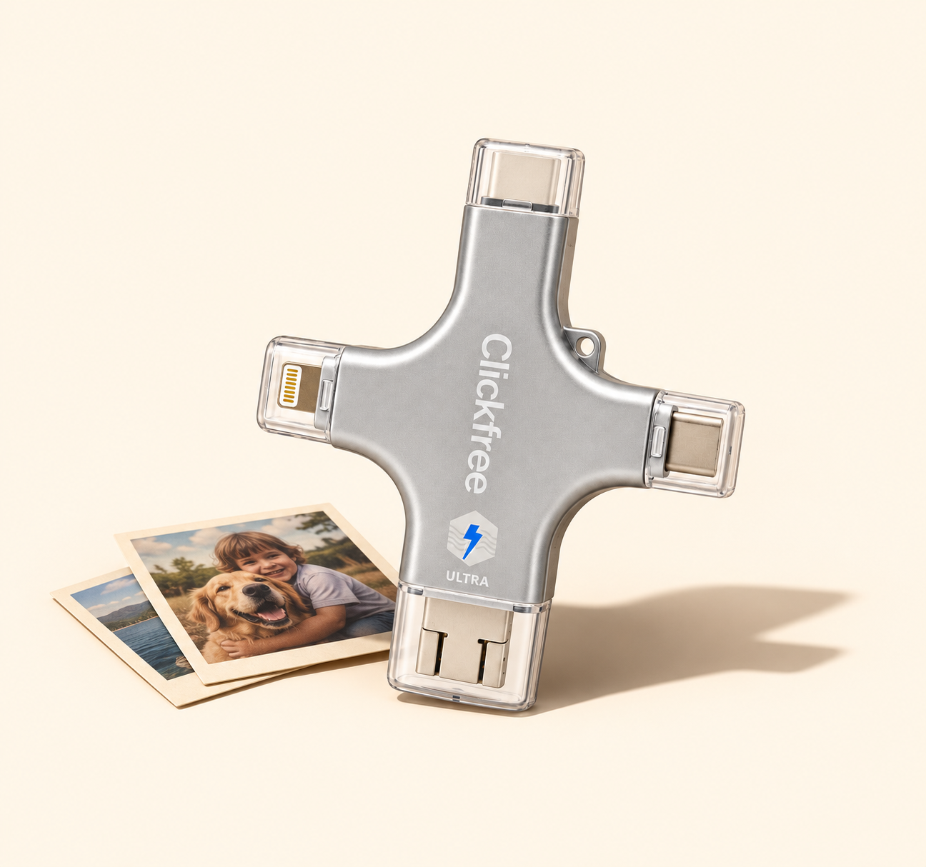 Clickfree Ultra with printed photographs on a warm cream background