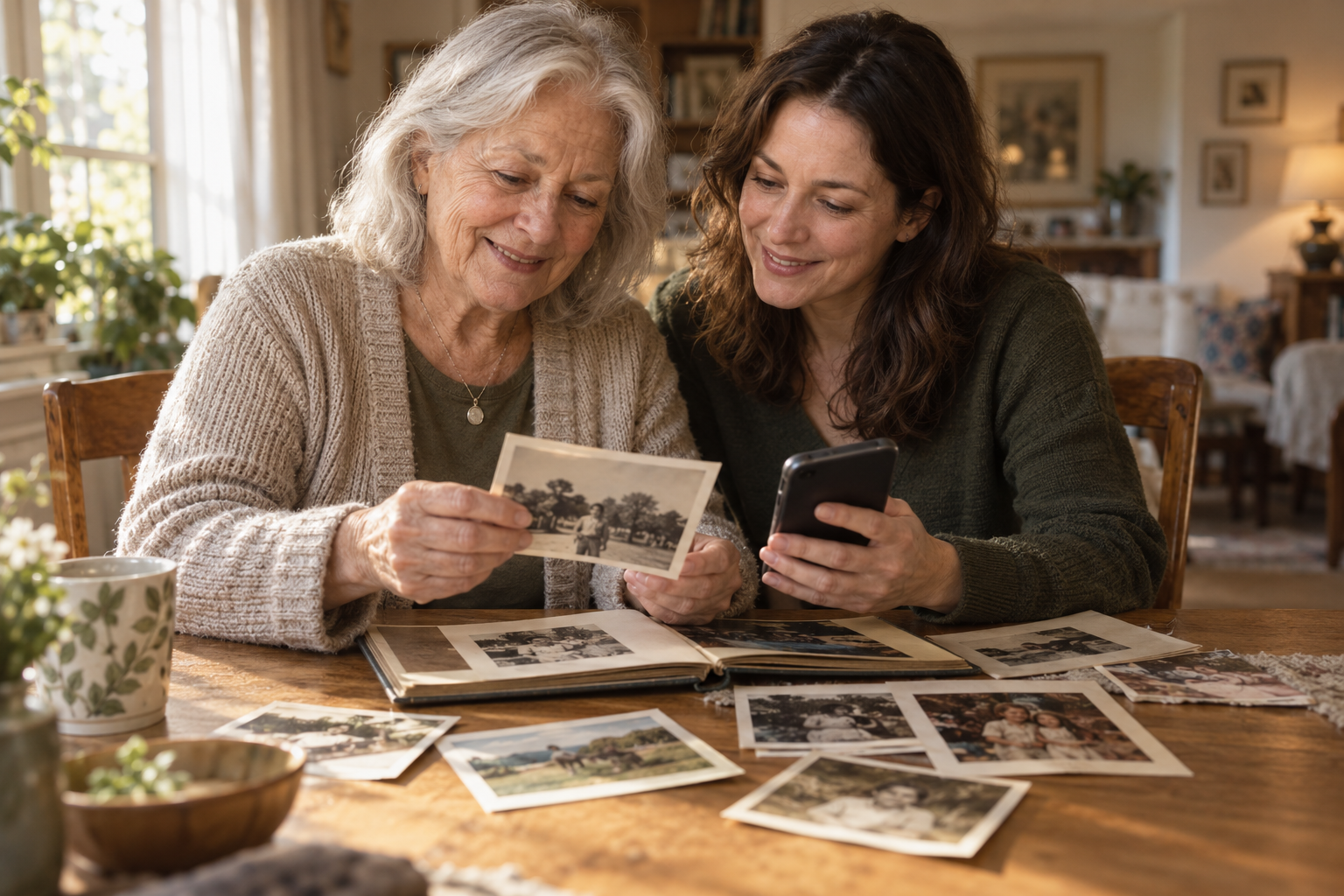 A mother and adult daughter enjoying printed family photographs together with a phone and an open album