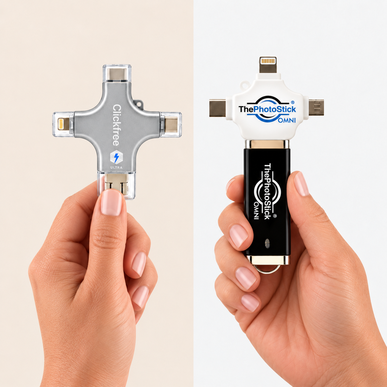 Two hands holding Clickfree Ultra on the left and ThePhotoStick Omni on the right