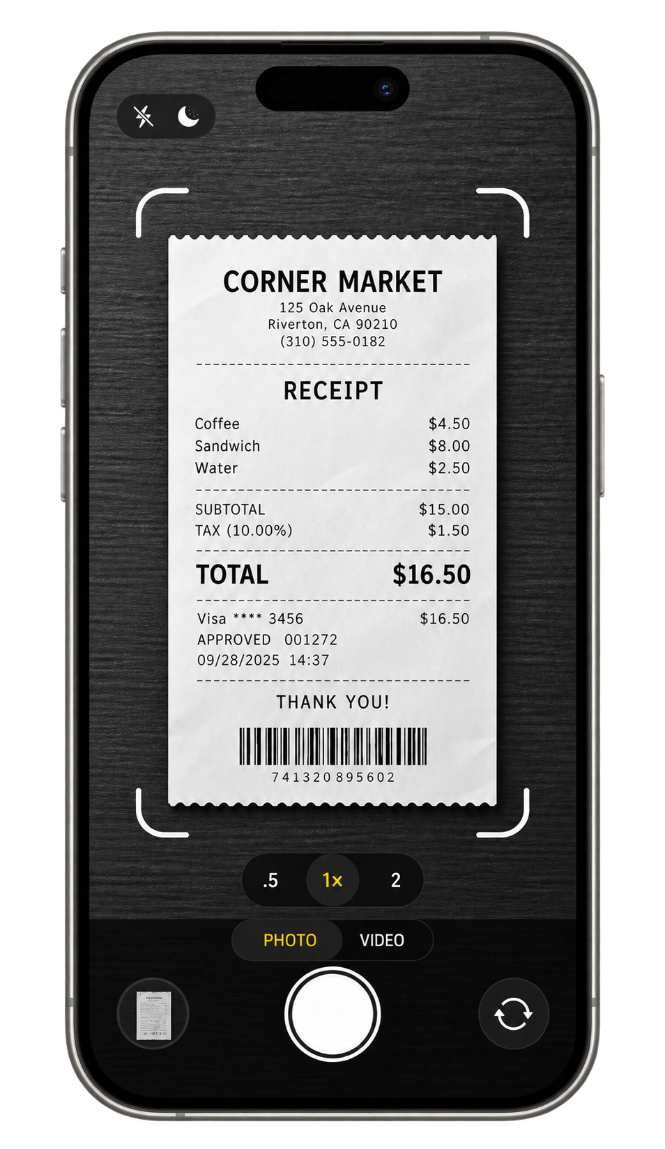Portrait phone capturing a paper receipt with scanning guides