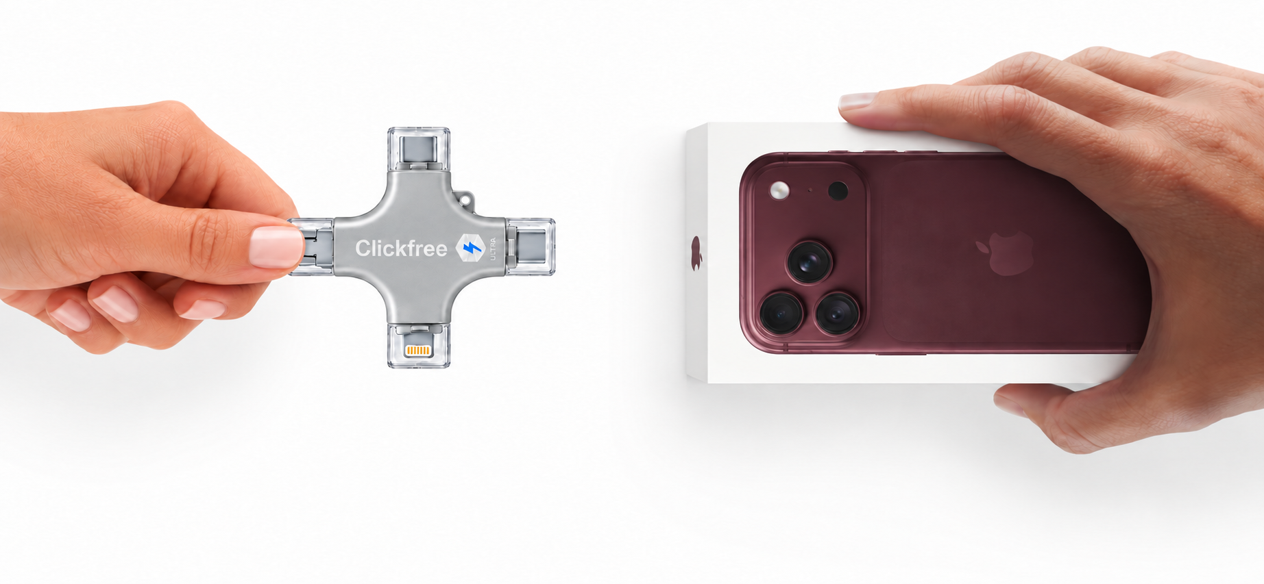 A hand pinching ClickFree Ultra toward a boxed iPhone held in another hand