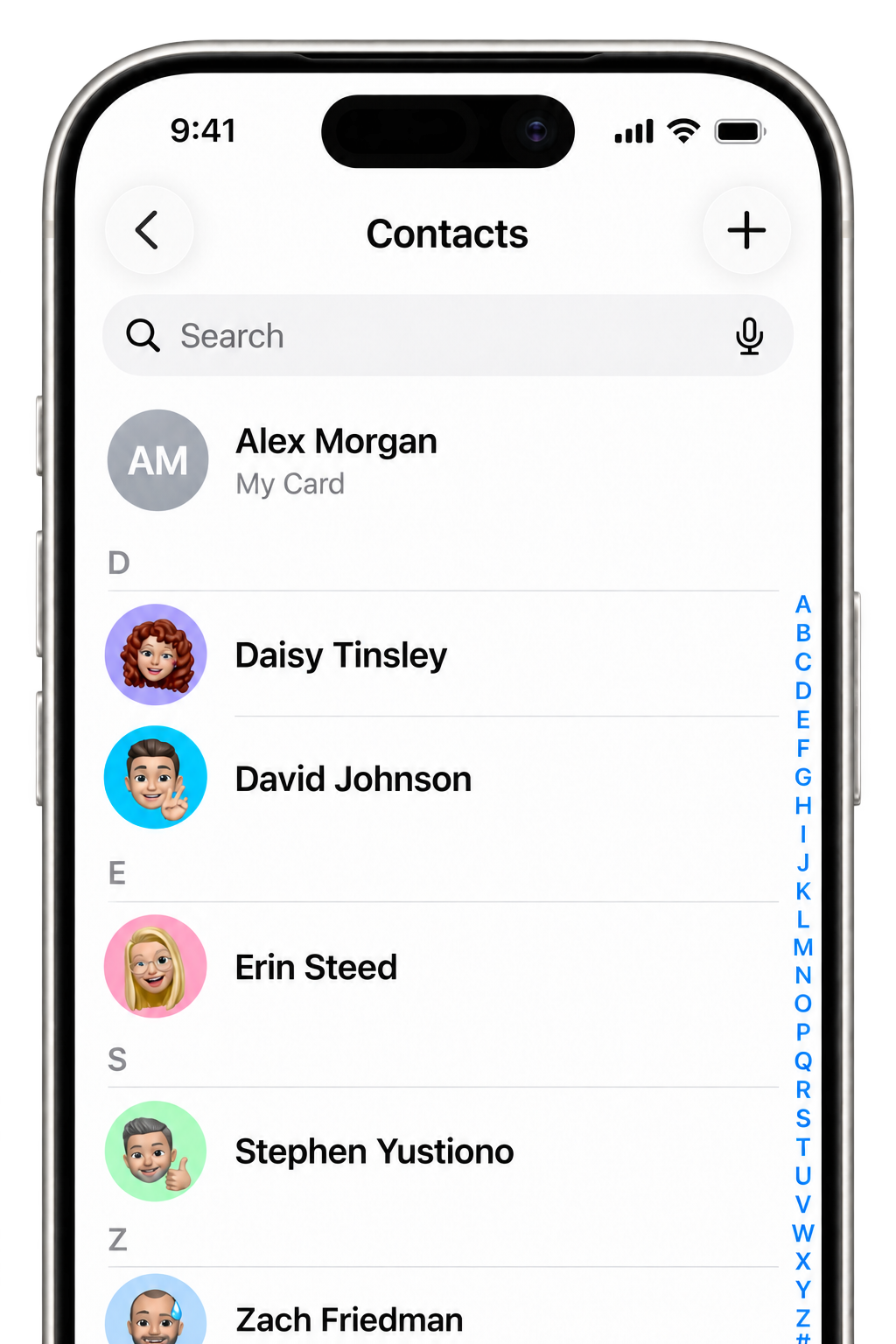 iPhone Contacts screen with contact names and character icons