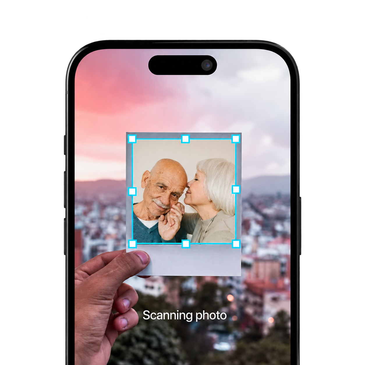 Phone scanning a printed photo with automatic crop handles