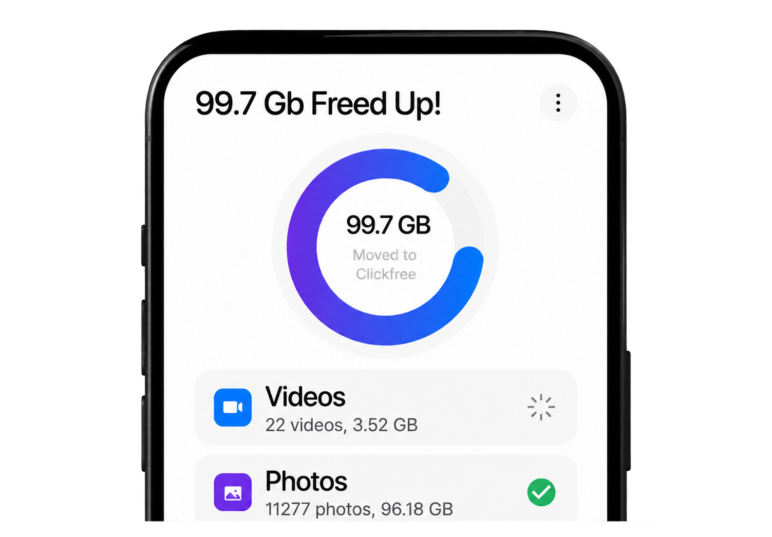 ClickFree screen showing 99.7 GB freed up with photos and videos moved to the device